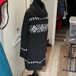 P491. Cozy Charcoal Fair Isle Cowl Neck Sweater Dress